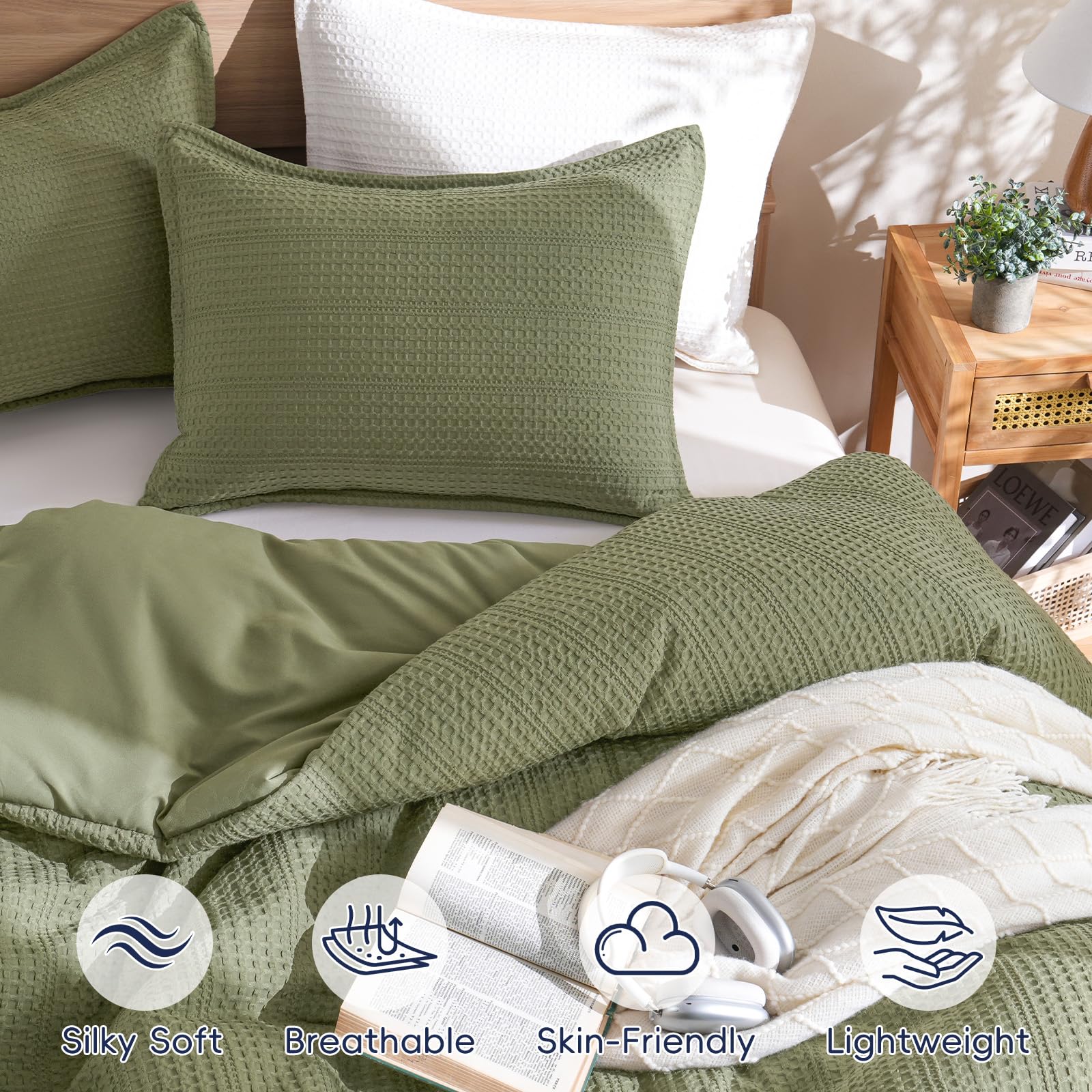 PHF Soft Waffle Comforter Set King Size- Comfy Breathable Waffle Weave Comforter with 2 Pillow Shams, 3 Pieces Less Snagging Lightweight Textured Bedding Set for All Season, Olive Green