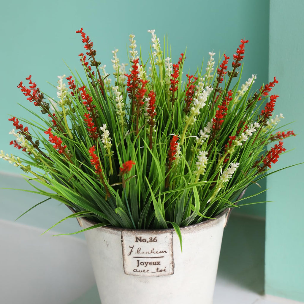 alyptus Artificial Flowers Outdoor 12 Bundles Fake Plants Outside Red Flower Grass Faux Greenery Spring Summer Wildflower Decoration for Outdoors Yard Front Porch Planter Decor (Red Flowers)