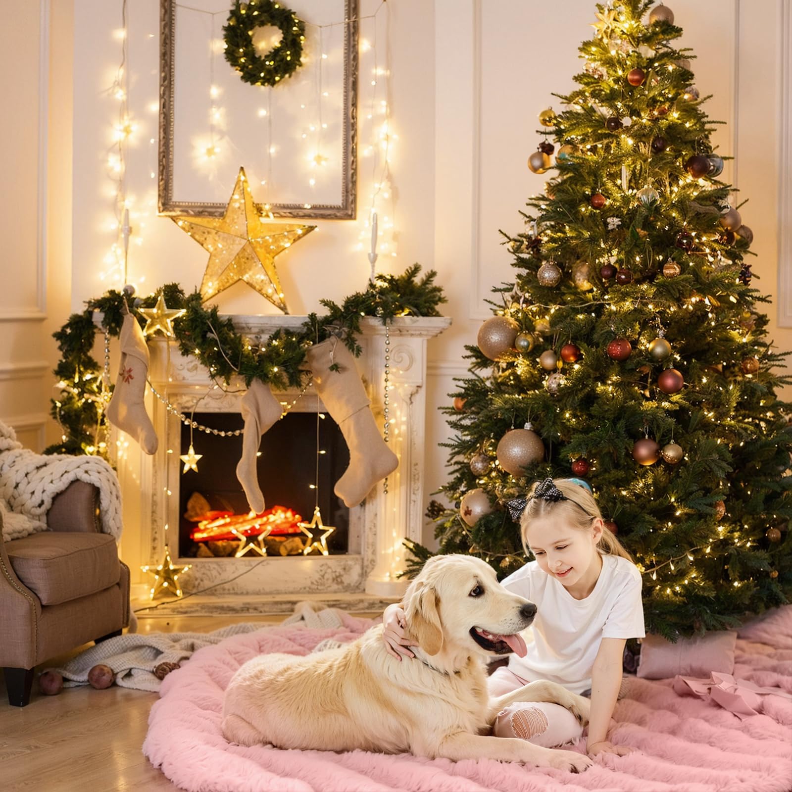 Pink Christmas Tree Skirt 72 Inch, Extra Large Faux Fur Tree Skirt, Thick Soft Plush Big Xmas Tree Skirts with Satin Ribbon Ties for Outdoor Indoor Merry Christmas Party 6/7/7.5/9ft Tree Decoration