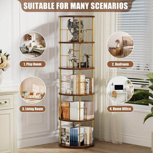 Flycity 5 Tier Rotating Bookshelf, 360° Corner Bookshelf Tower, Round Revolving Bookcase with Special Visible Partition Storage, Narrow Book Shelf Organizer for Living Room, Small Space, Gold