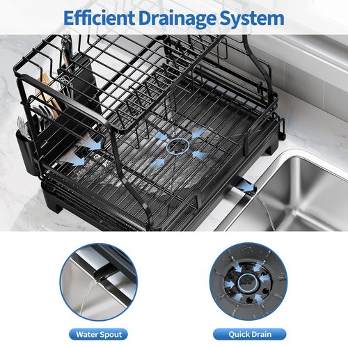 TOOLF Extendable Dish Drying Rack, 2-Tier Dish Rack for Kitchen Counter, Large Expandable Dish Drainer Over Sink, 3 in 1 Multifunction Dish Strainer with Drainboard & Cups Holder, Black