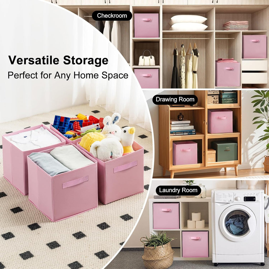 Skiennix Fabric Storage Bins - 6 Pack Collapsible Cube Organizer for Closet & Living Space | Foldable Boxes with Handles (Pink, 11 Inch)