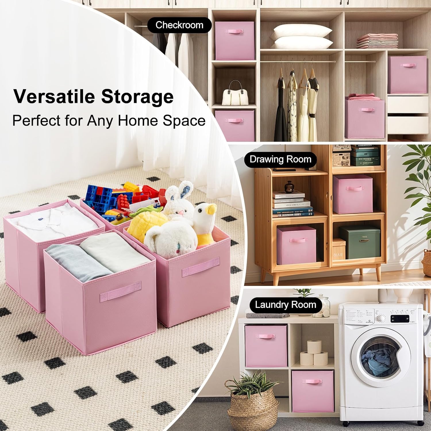 Skiennix Fabric Storage Bins - 6 Pack Collapsible Cube Organizer for Closet & Living Space | Foldable Boxes with Handles (Pink, 11 Inch)