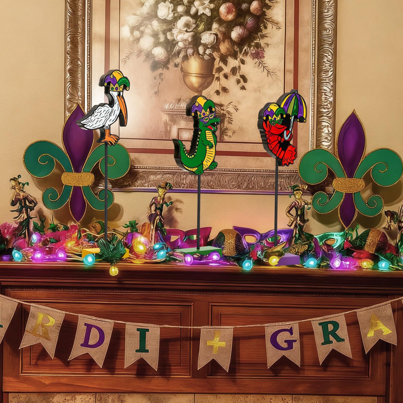 Thyle 3 Pcs Mardi Gras Table Decorations Tiered Tray Decor Wood Set Rustic Mardi Gras Table Centerpiece Crawfish Pelican Alligator Louisiana Themed Animals Decor for Gift Kitchen Home Party Supplies