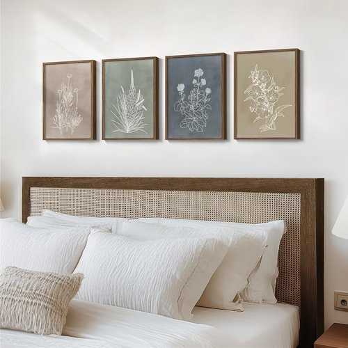 Framed Boho Botanical Wall Art - 4 Piece Rustic Floral Canvas Prints for Modern Farmhouse Decor