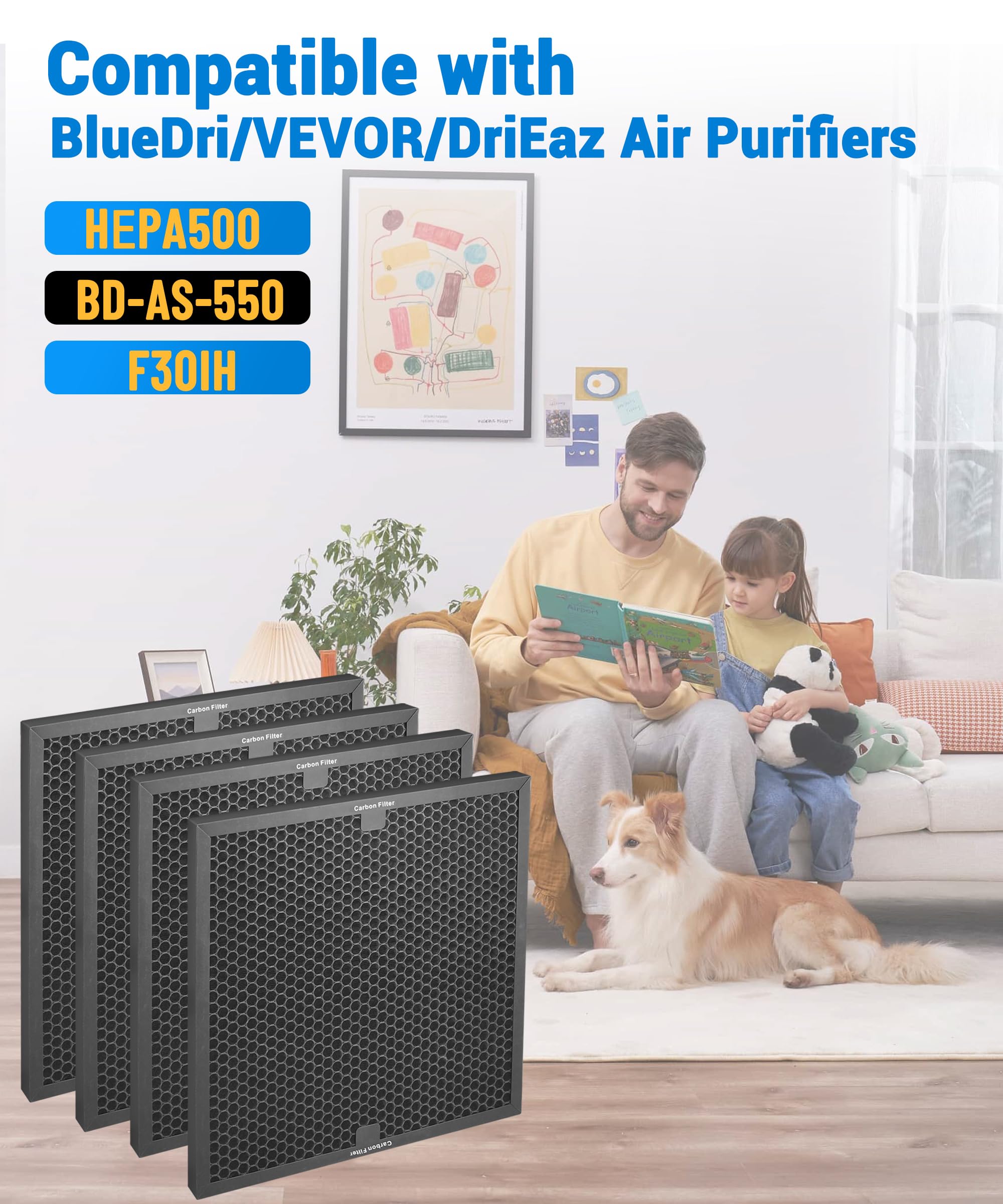 4 Pack-Facecool Air Scrubber Active Carbon Filter Compatible with Dri-Eaz, Mounto, BlueDri, and VEVOR Air Purifier, Part HEPA500 & BD-AS-550 & F301H, 16'' x 16'' x 1''