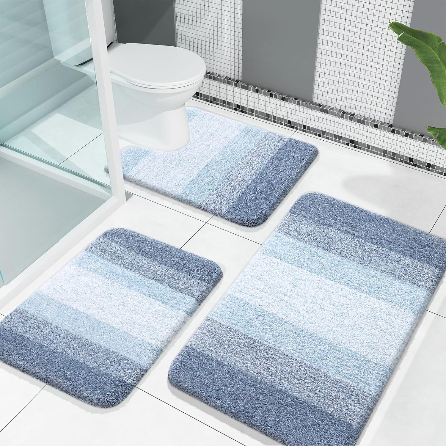 OLANLY Bathroom Rugs Set - Soft Absorbent Microfiber Mats with U-Shaped Contour Rug | 3-Piece Plush Set (Blue)