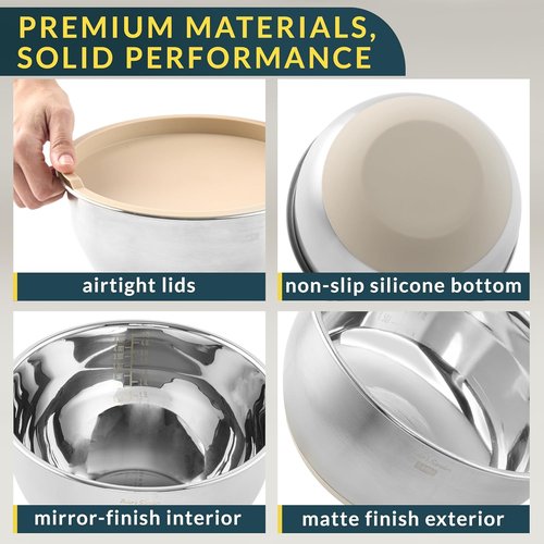 Baker's Signature Stainless Steel Mixing Bowls Set - 5 Sizes with Airtight Lids & Non-Slip Base | Khaki