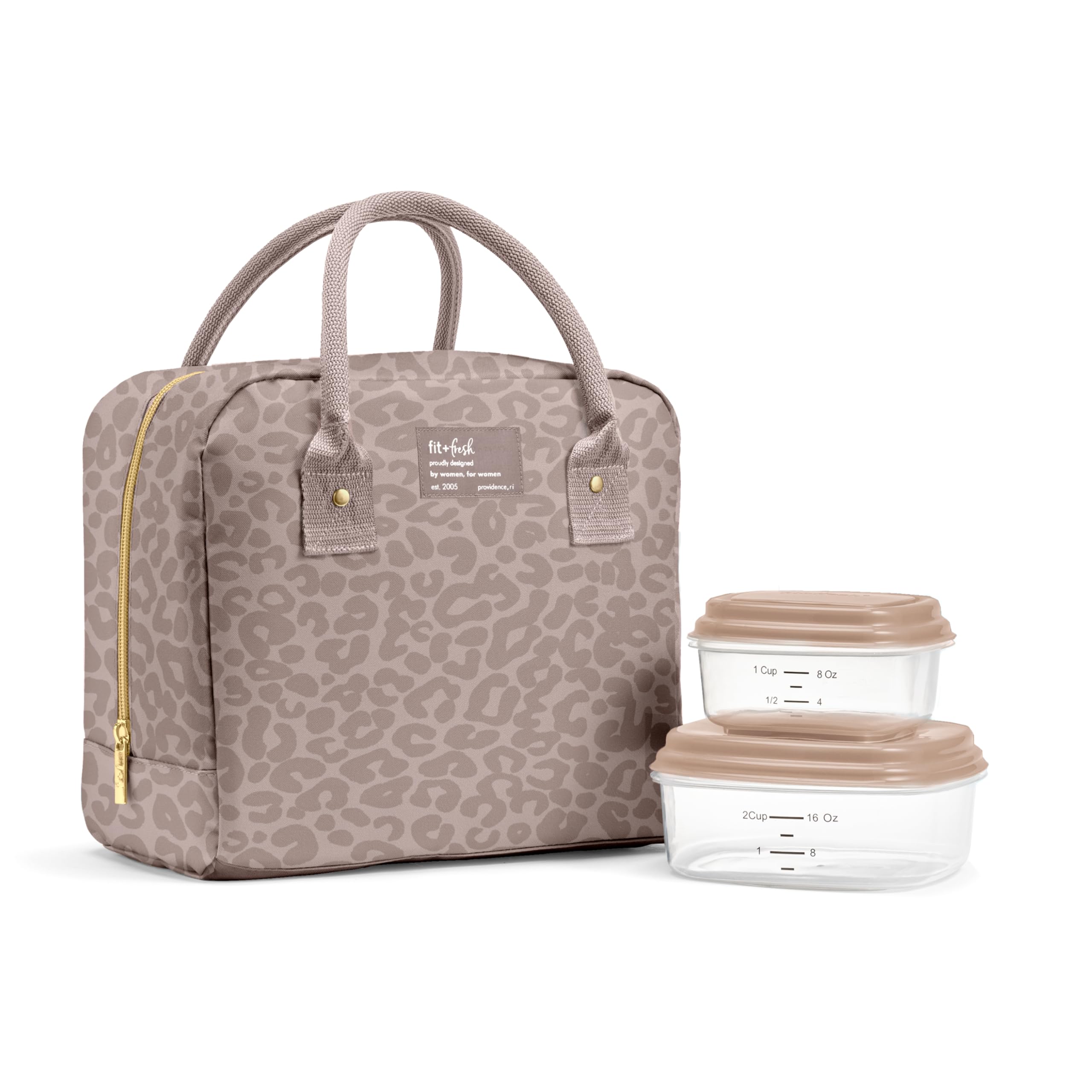 Fit & Fresh Bloomington Lunch Bag for Women - Insulated Large Lunch Box for Work with Containers, Leak-Resistant, Stain-Resistant, Zipper Closure, Mocha Feline Fine