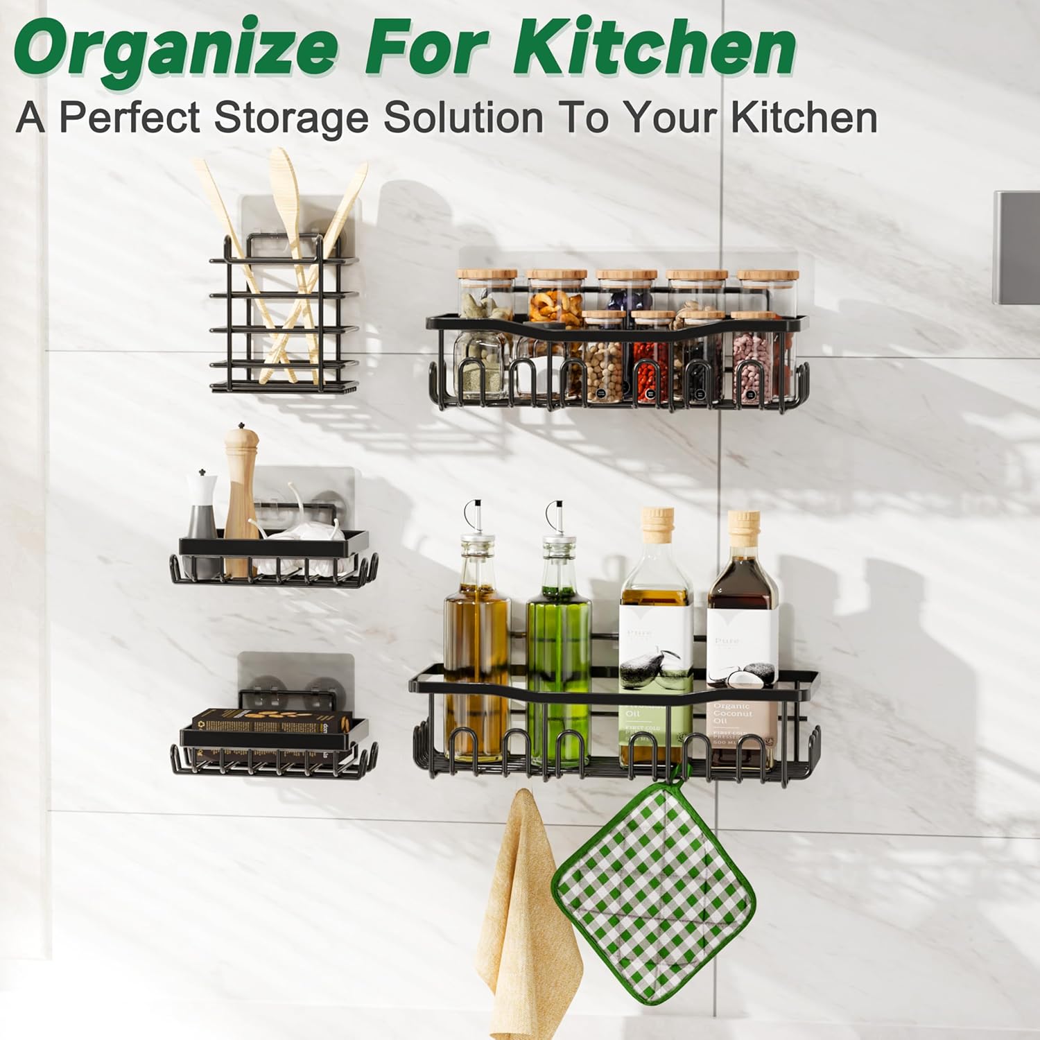 SC02 Shower Caddy 5 Pack | Rustproof Stainless Steel Bath Organizers - Large Capacity, No Drilling, Black