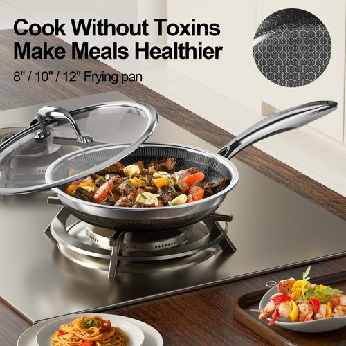 FogDream Non Stick Frying Pans Set, 10 & 11 Inch Stainless Steel Pans with Lids Tri-Ply Stainless Steel Pots and Pans Set for All Cooktops, Dishwasher & Oven-Safe Cooking Pan, Stay-Cool Handle, Silver