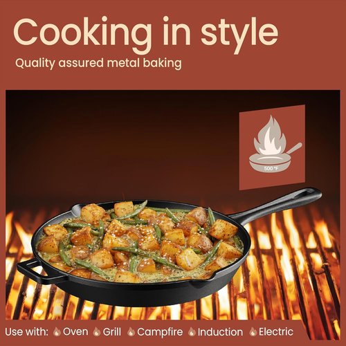Bakken Pre-Seasoned Cast Iron Skillet - 12" Frying Pan with Glass Lid & Silicone Handle | Versatile Cookware for Even Heat Distribution