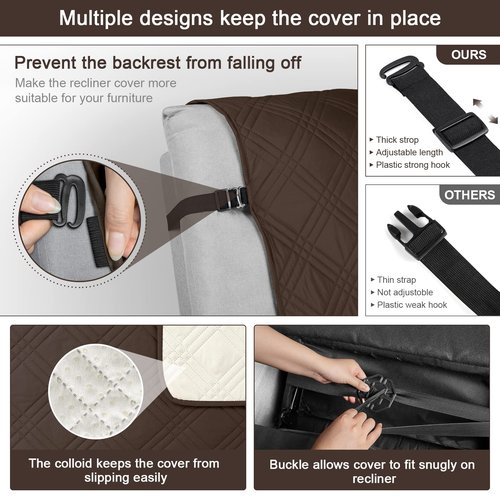 TAOCOCO Waterproof Recliner Chair Covers 30 Inch Wide, Oversized Recliner Covers for Recliner Chair with Pocket, Recliner Slipcovers with Straps Furniture Protector for Kids Pets (30'', Chocolate)