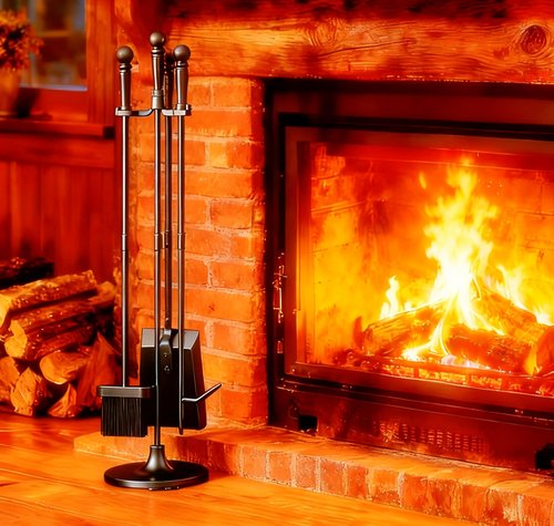 Fire Beauty Fireplace Tools Set 4 Pieces Black Wrought Iron Fire Tool Set for Outdoor/Indoor Include Poker, Shovel, Brush and Stand Accessories Set