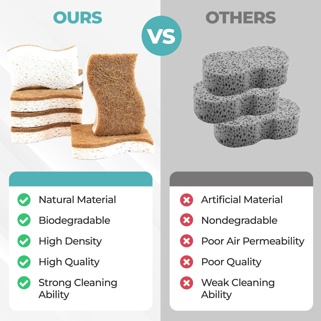 Purely Calm Plant Based Natural Sponge - Pack of 12 Cellulose Sponges, Safe on Non-Stick Cookware, Dual Sided Dish Sponge for Washing Dishes, Kitchen and Household
