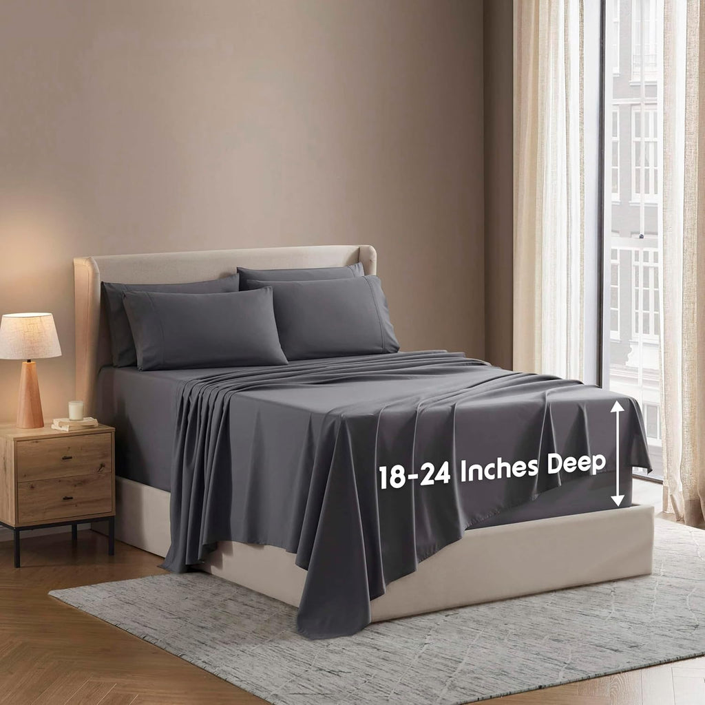 Nestl Extra Deep King Sheet Set - 6-Piece Breathable Cooling Bedding - Luxury Hotel Quality with 18-24 Inch Deep Pockets - Soft, Wrinkle-Free Dark Gray
