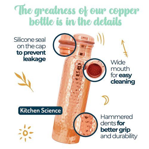 Kitchen Science- Ayurvedic 34oz Copper Water Bottle with Copper Tumbler, Bag & Sleeve – Lab-Tested, Leak-Proof