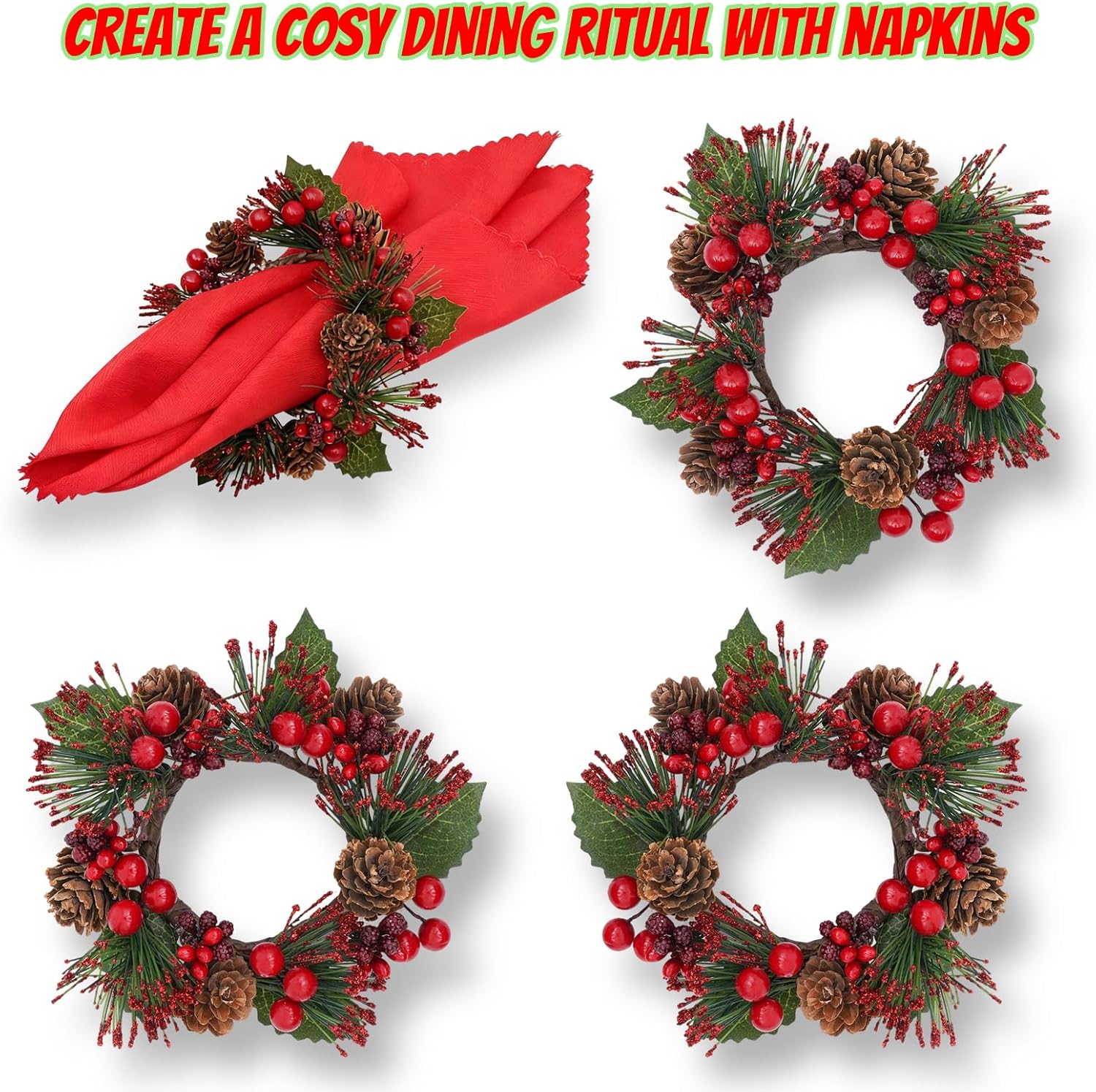 Regine Switzerland Candle Rings Set of 4 - Festive Wreaths with Red Berries & Pinecones for Holiday Decor