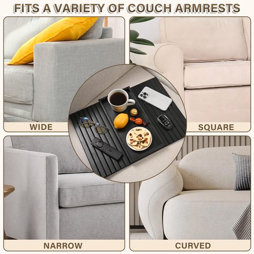 YUBAMIN Bamboo Sofa Arm Tray, Anti-Dropping Couch Arm Tray, Foldable Sofa Armrest Tray Couch Arm Table for Eats, Drinks, Snacks, Remote, Cellphone, Cup Holder, Back Anti-Slip Pad Design