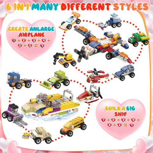 Lukfuu 24 Pack Valentines Day Gifts For Kids Classroom, Vehicles Car Building Blocks Toys with Valentines Cards for Kids Boys Girls Classroom Exchange School Rewards Party Favors Gifts