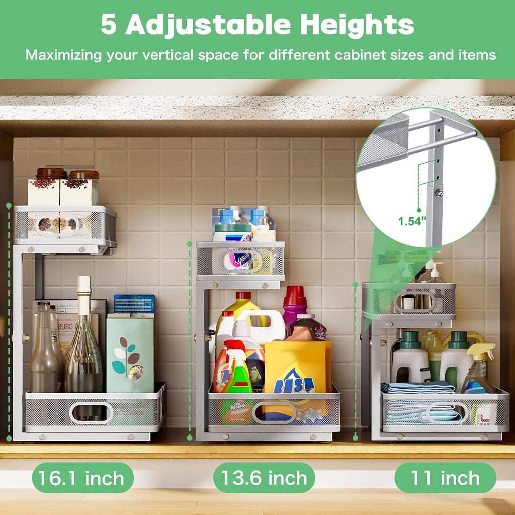 Under Sink Organizer 2 Pack - Adjustable 2 Tier Metal Storage Drawers for Kitchen & Bathroom