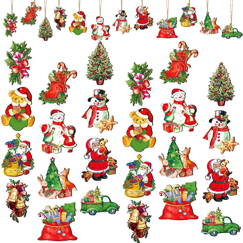 Sawysine 48 Pcs Vintage Wood Christmas Ornaments with 10m Rope - Retro Santa, Reindeer & More (Variation: Retro)