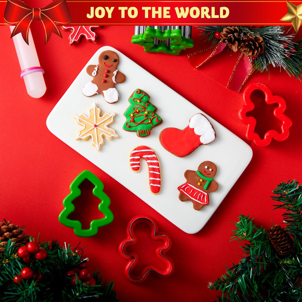 JOYIN 13 PCS Christmas Cookie Cutters in Stainless Steel with 3.5í plus Grip and a Rolling Pin for Xmas Holiday Party Baking Supplies, Snowflake, Gingerbread Cookies Mold and Baking Gift
