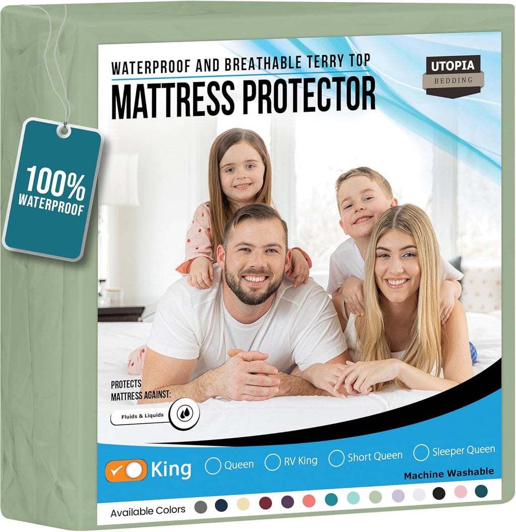 Utopia Bedding Waterproof King Size Mattress Protector - Premium 200 GSM Terry Cover, Soft & Breathable, Deep Pockets 17" (Sage)