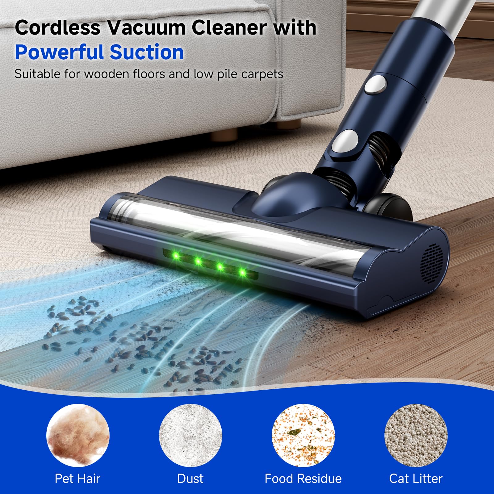 Clinkal Cordless Vacuum Cleaner - 6-in-1 Stick Vacuum with Powerful Suction, Rechargeable, Anti-Tangle Pet Hair Brush, Self-Standing, Green LED Headlight Vacuum for Carpet & Hardwood Floors-Dark Blue
