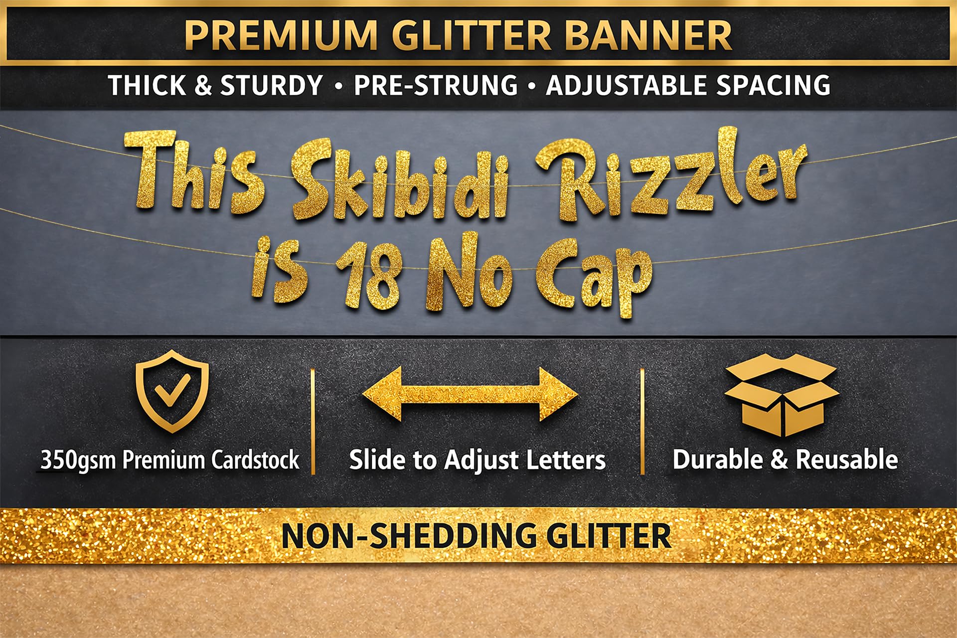 Pre-Strung This Skibidi Rizzler is 18 No Cap Gold Glitter Banner - Funny 18th Birthday Decorations for Teen Boys and Girls - Birthday Party Supplies and Gifts