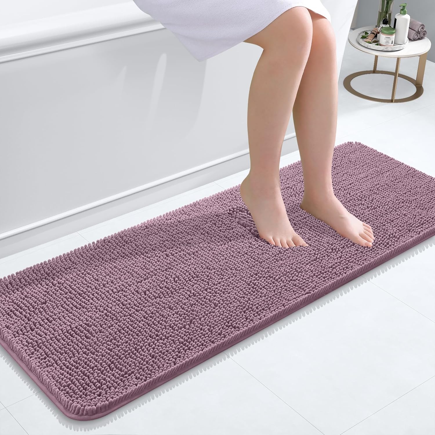 OLANLY Bathroom Runner Rugs - Soft Absorbent Chenille Bath Mat with Rubber Backing | 47x17 Deep Plum