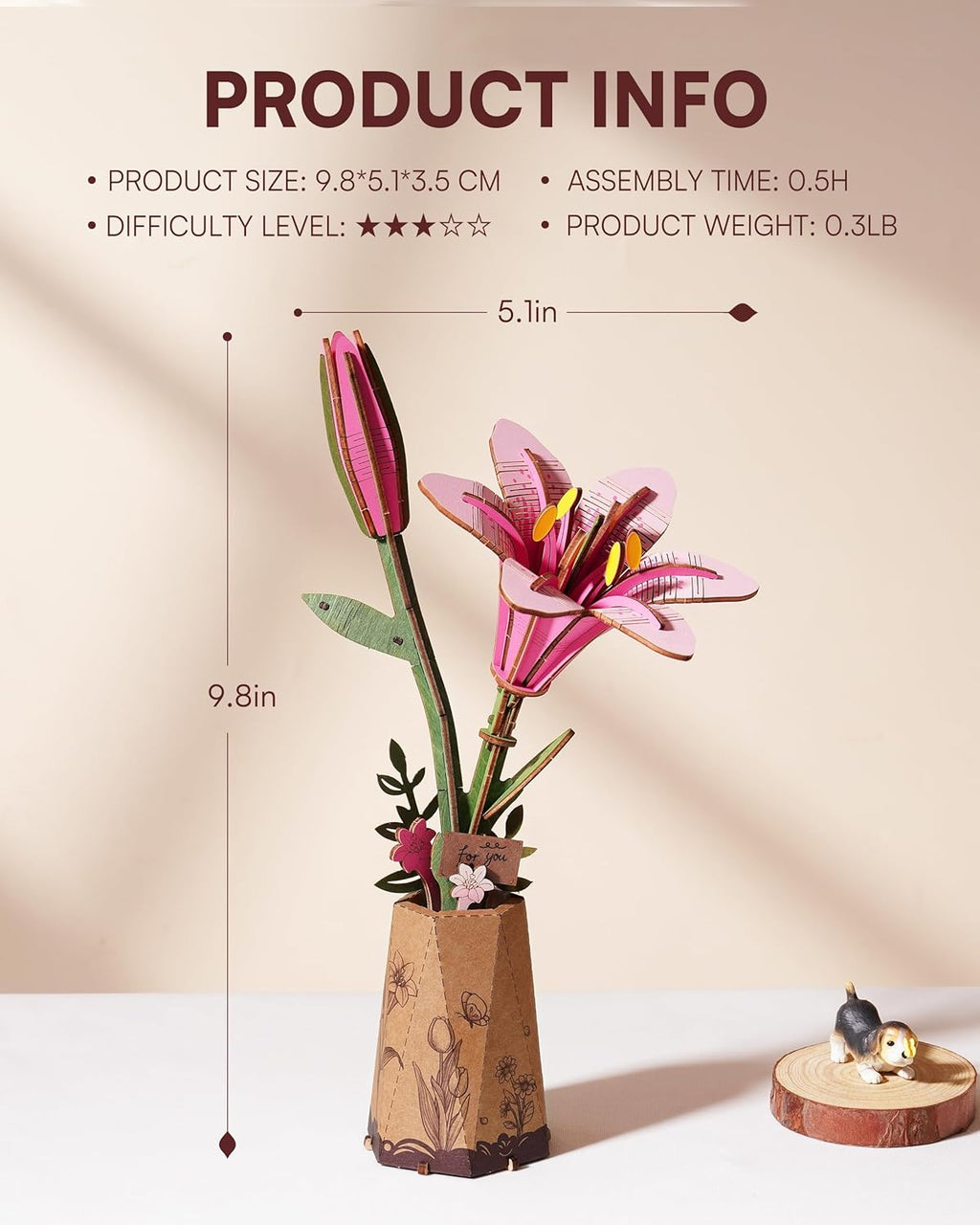 Skiennix 3D Flower Wooden Puzzle - Pink Lily DIY Model Kit for Adults | Creative Gift for Mother's Day (73 PCS)