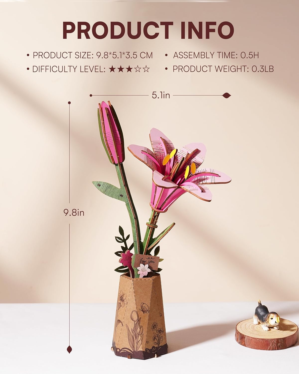 Skiennix 3D Flower Wooden Puzzle - Pink Lily DIY Model Kit for Adults | Creative Gift for Mother's Day (73 PCS)