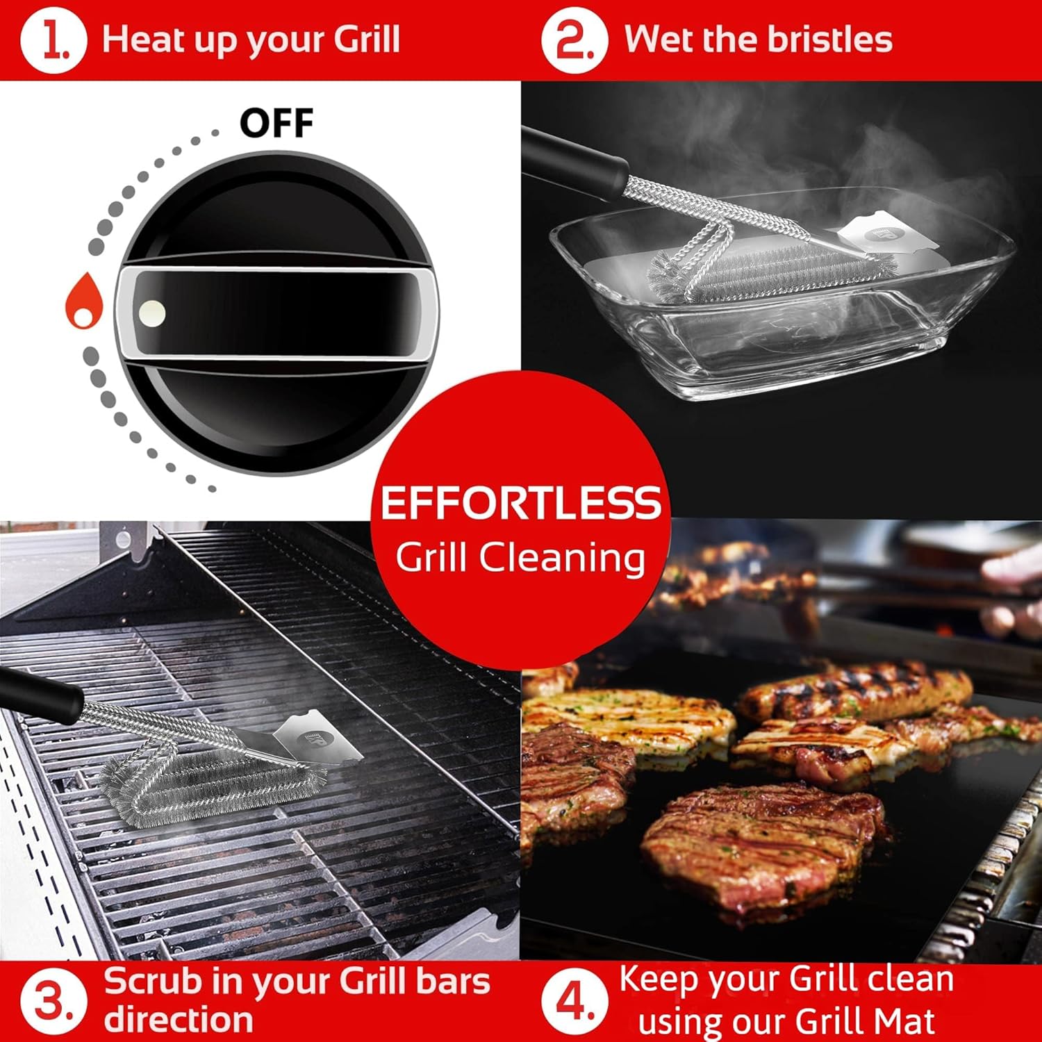 **KITCHEN PERFECTION Grill Brush - Safe Wire BBQ Cleaner with Scraper & Mat | Extended Handle for Easy Use**