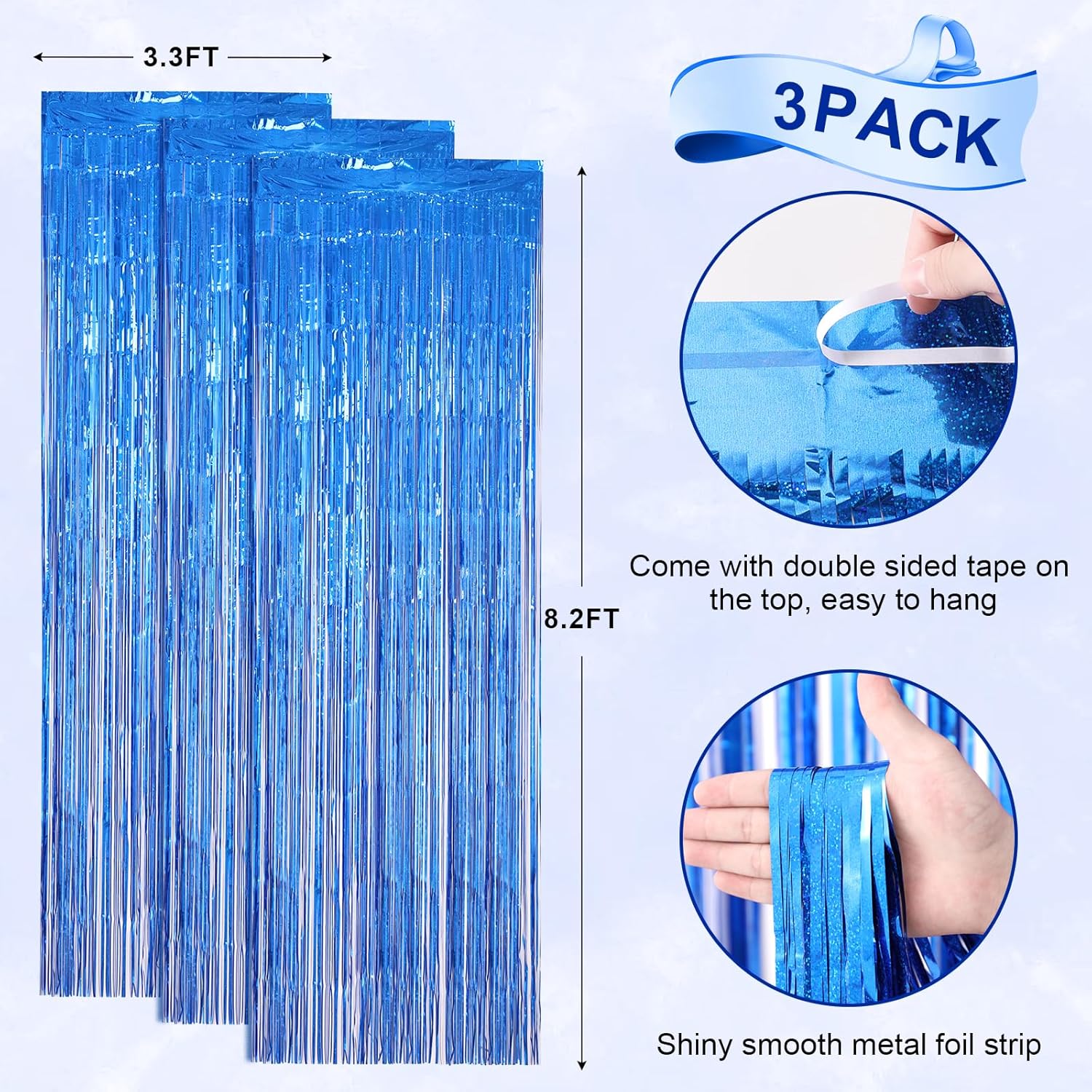 Voircoloria Laser Blue Foil Fringe Backdrop Curtains - 3 Pack | 3.3 x 8.2 ft Party Decorations for Graduation, Baby Shower, & More