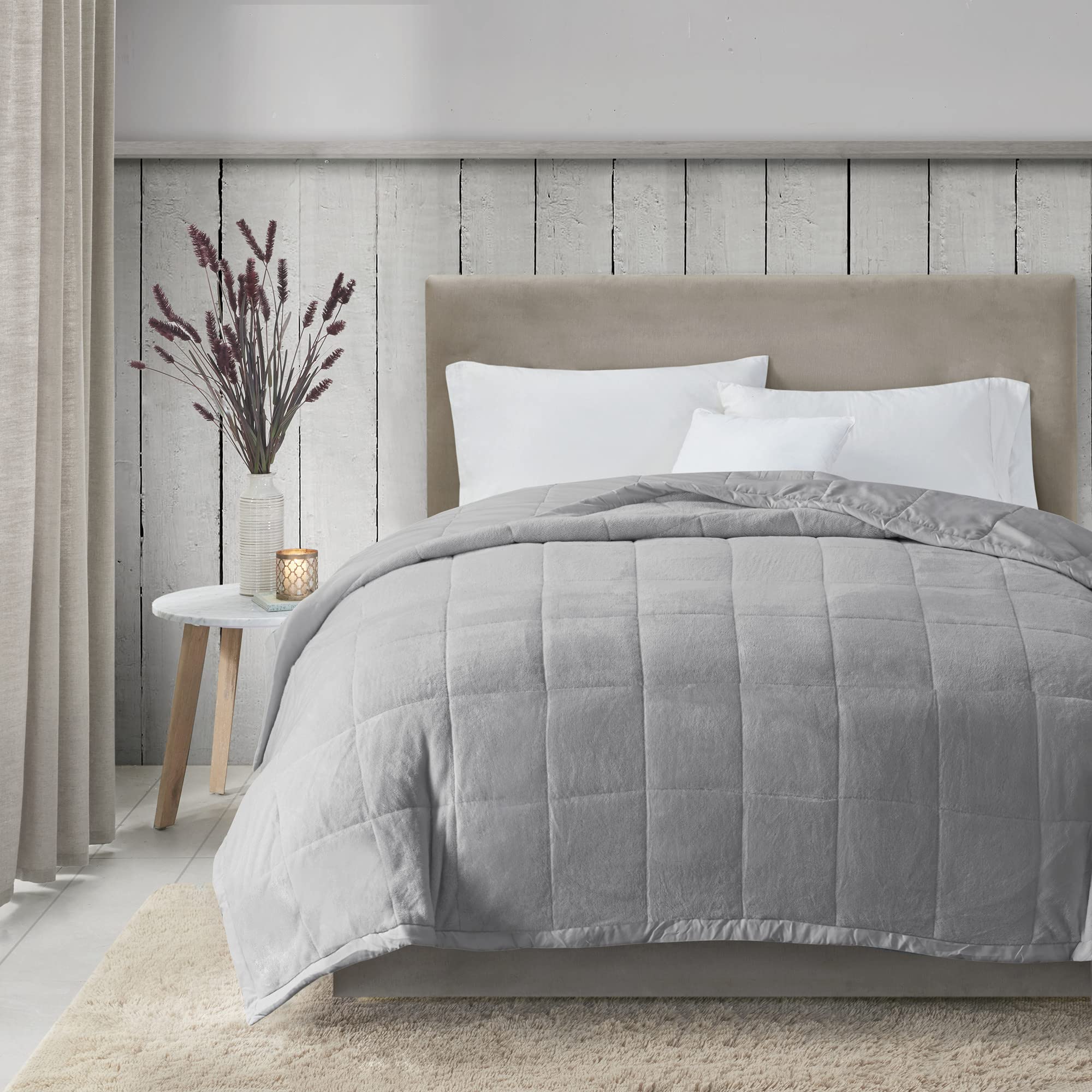 Madison Park Twin Cozy Blanket HeiQ Smart Temperature Plush to Microfiber Reverse Box Quilting, Reversible, Soft All Season, Lightweight Summer Cover, for Bed, Couch and Sofa, Twin/Twin XL, Grey