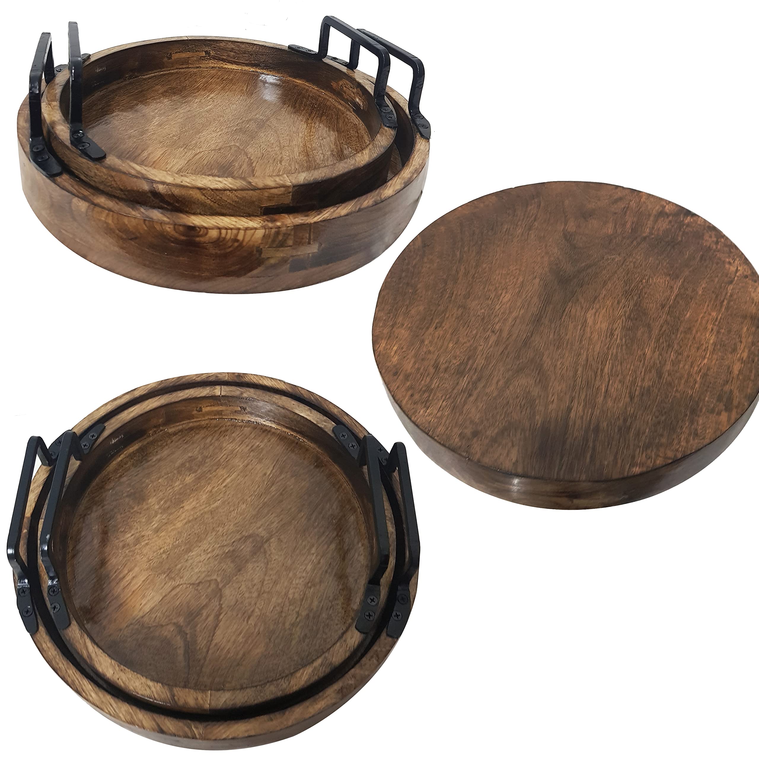 Set of 2 Round Wooden Serving Trays with Handles – Handcrafted Rustic Brown Trays for Kitchen, Dining, Coffee Table & Home Decor Antique Style Organizer Platters