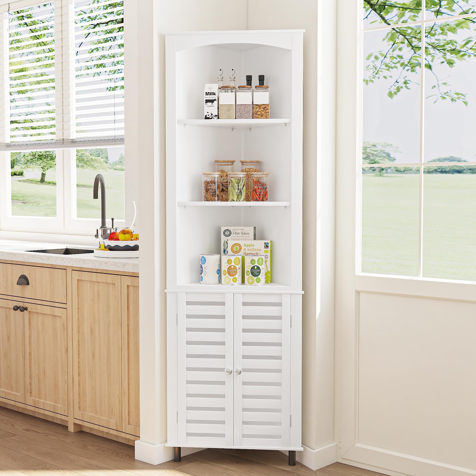 VECELO Tall Corner Cabinet, 68.8'' Storage Cabinet with Doors and Adjustable Shelves, for Living Room, Bathroom, Kitchen, White