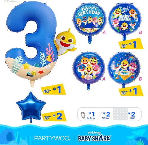 Baby Shark by PartyWoo - Blue Foil Number 3 Balloon Set | 5pcs 18-Inch Mylar for Kids' Birthday Party Decorations
