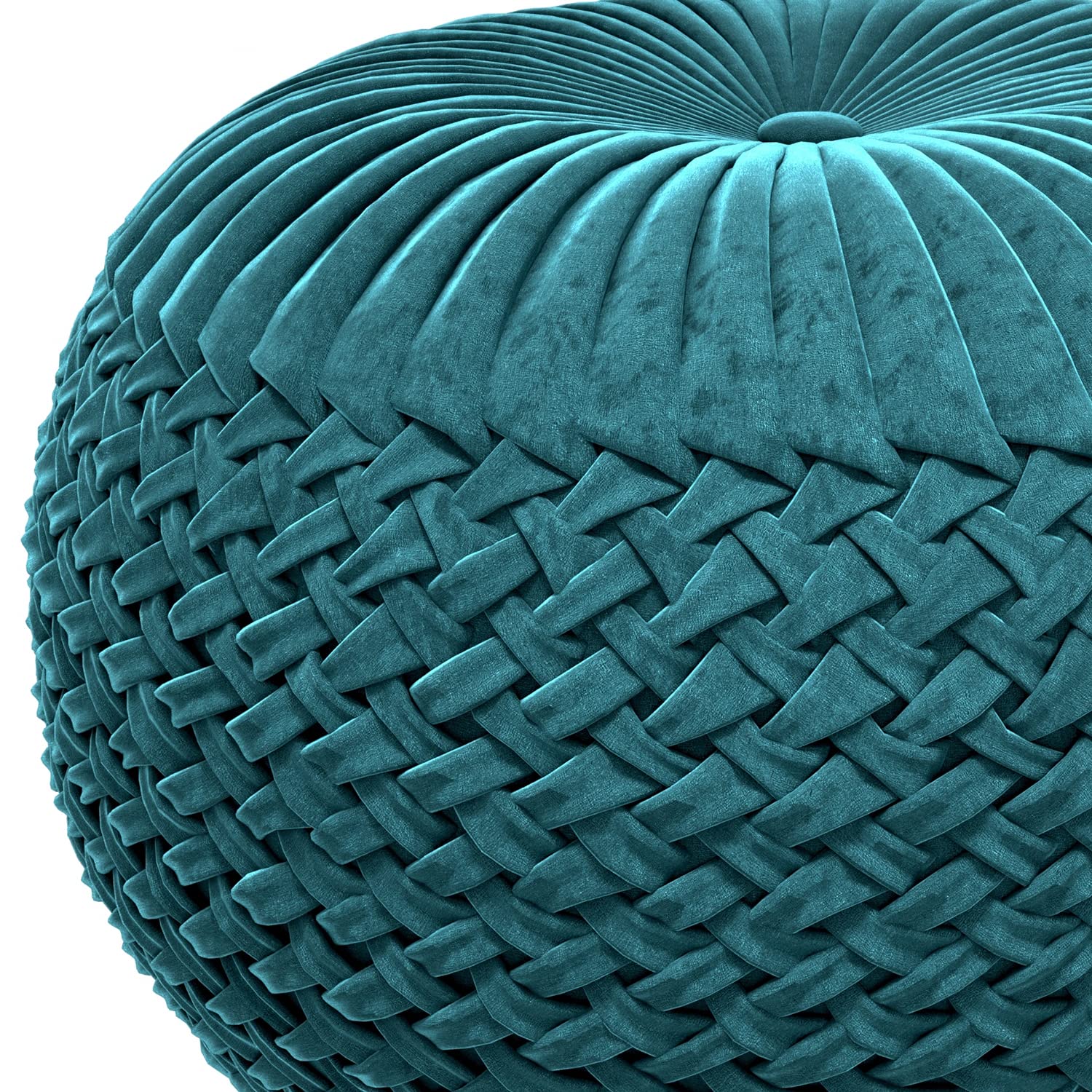 SIMPLIHOME Grafton Round Pouf - 20 inch Wide Upholstered Velvet Ottoman in Teal, Transitional Button-Tufted Footstool or Extra Seating for Living Room or Bedroom with Polystyrene Filling, Assembled