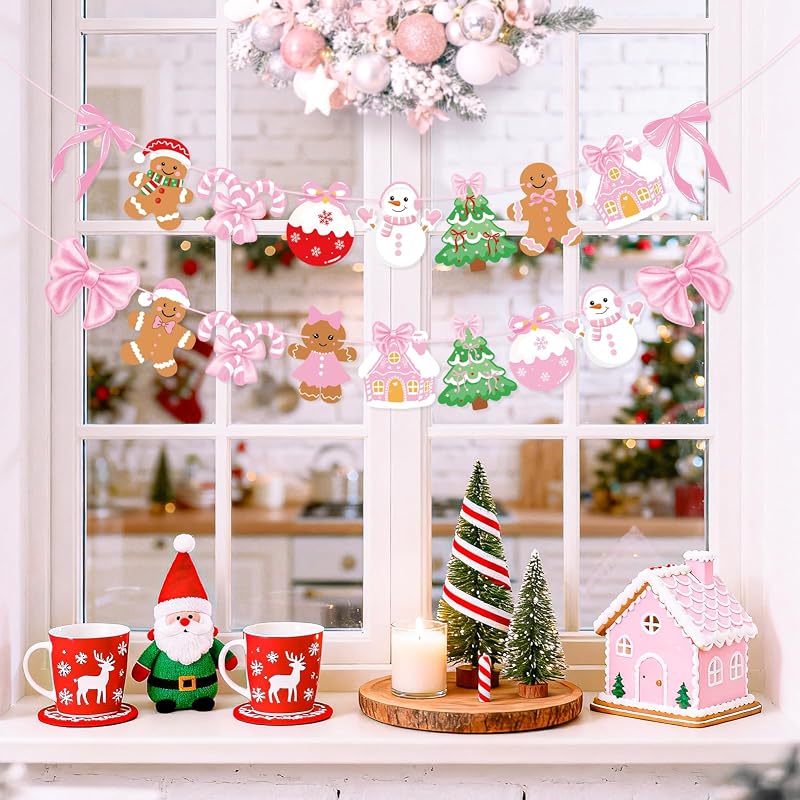 Pink Gingerbread Christmas Banner Set - 3 Piece Wall Garland with Bows