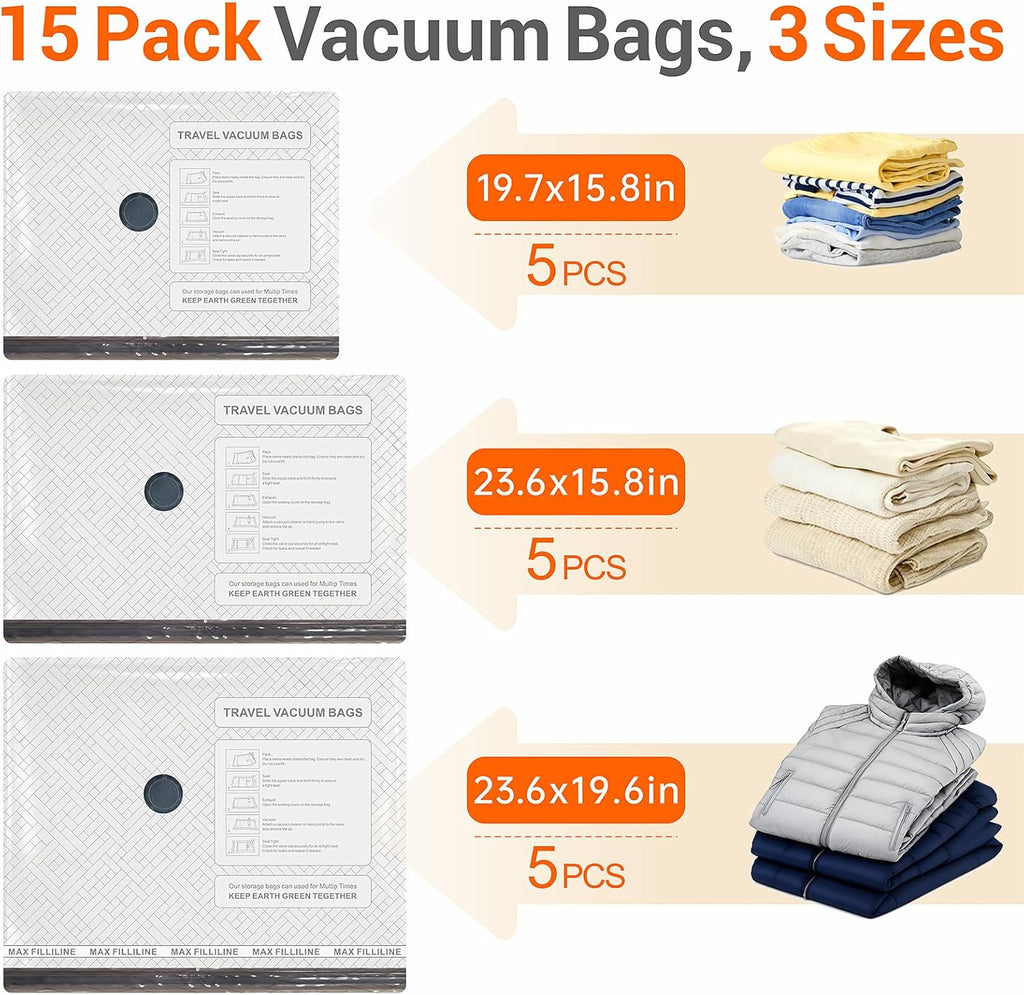 Skiennix Travel Vacuum Storage Bags - Electric Wireless Pump & Compression Solution | 15 Pack Combo