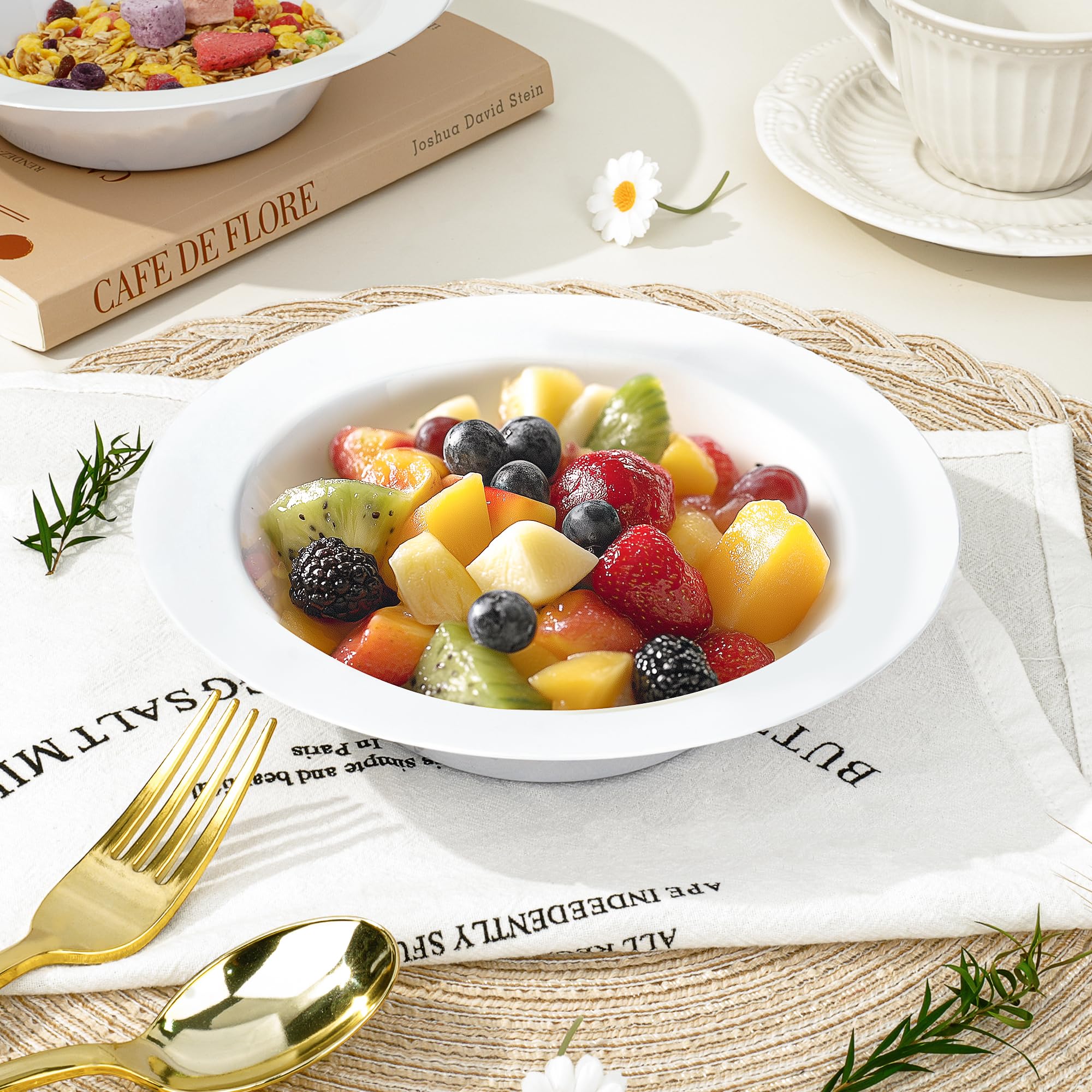 BESTVIP 100 Pack 12 oz White Plastic Bowls, Disposable Soup Bowls, Heavy-duty Dessert Salad Bowl for Christmas, Party, Wedding, Dinner, Catering