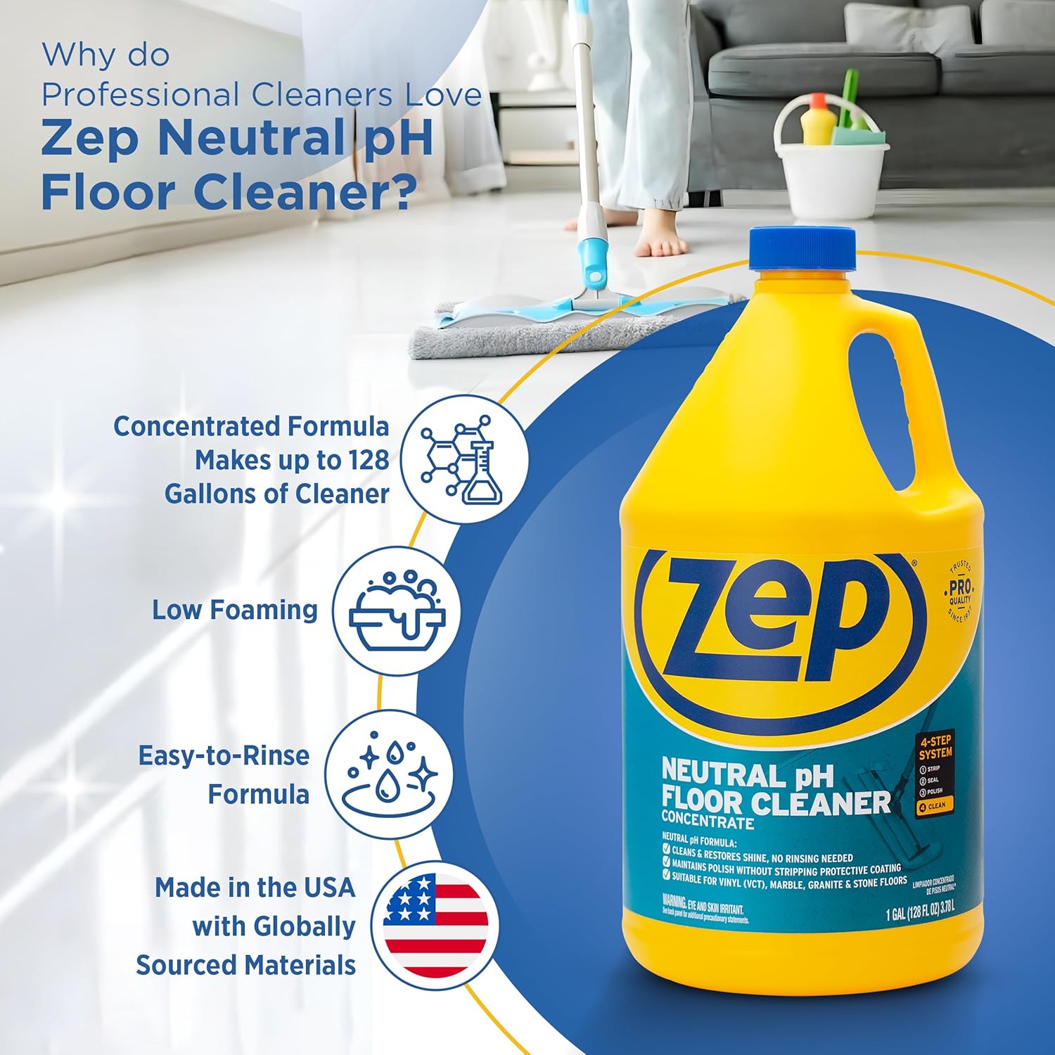 Zep Neutral pH Floor Cleaner - Concentrated All-Purpose Solution - 1 Gallon Size