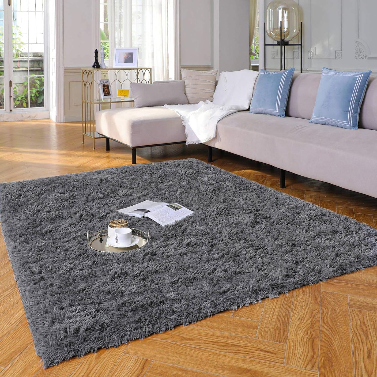 Ophanie 4x6 Grey Fluffy Shag Area Rug - Soft Non-Slip Indoor Carpet for Bedroom & Nursery Decor