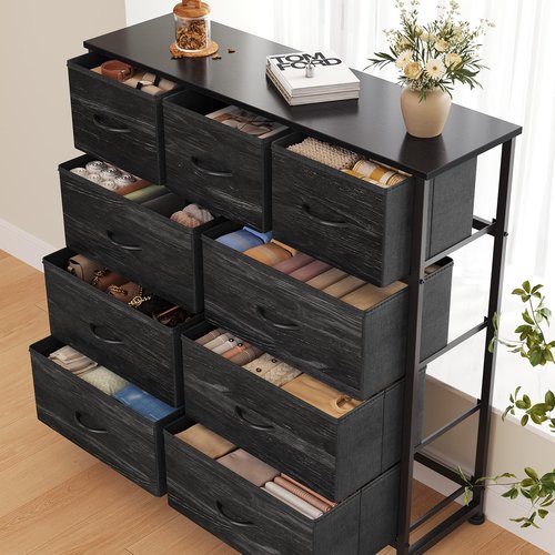 DUMOS 9 Drawer Dresser for Bedroom, Fabric Storage Organizer with Sturdy Metal Frame, Wooden Top Chest of Drawers for Closet Entryway Guest Room,Black Wood
