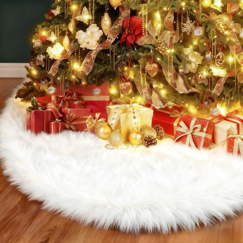 Christmas Tree Skirt, Deluxe 60 Inch Decoration Tree Skirt, White Faux Fur Soft Thick Plush Tree Base Cover, Large Round Area Mat for Home Merry Christmas Holiday Season Party