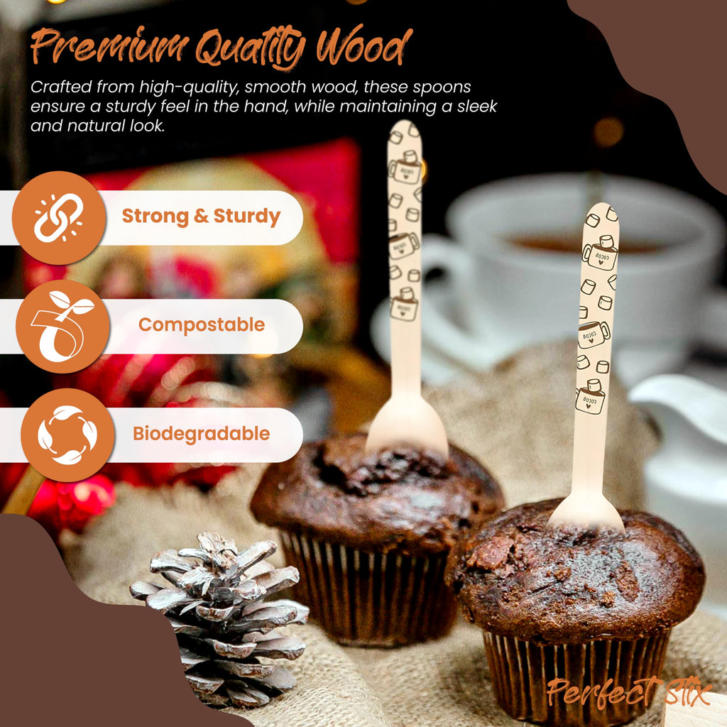Perfect Stix-Printed Cocoa Spoon-100 Count Wooden Cutlery Spoons with Hot Cocoa Print, Pack of 100 Spoons.