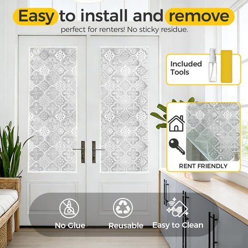 OHTMERU Window Privacy Film Decorative for Front Door, Bathroom Static Cling Stained Glass Sticker Opaque Heat Control UV Blocking Non-Adhesive for Home Windows 17.5 X 78.7 inches