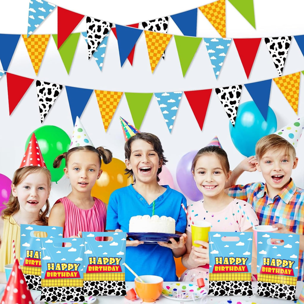 Ragnhild 50 Pcs Cartoon Story Birthday Party Favor Bags, Cow Pattern Goodie Treat Bags Party Supplies, Blue Sky White Cloud Plastic Candy Gift Bag with Handle for Kids Birthday Decorations